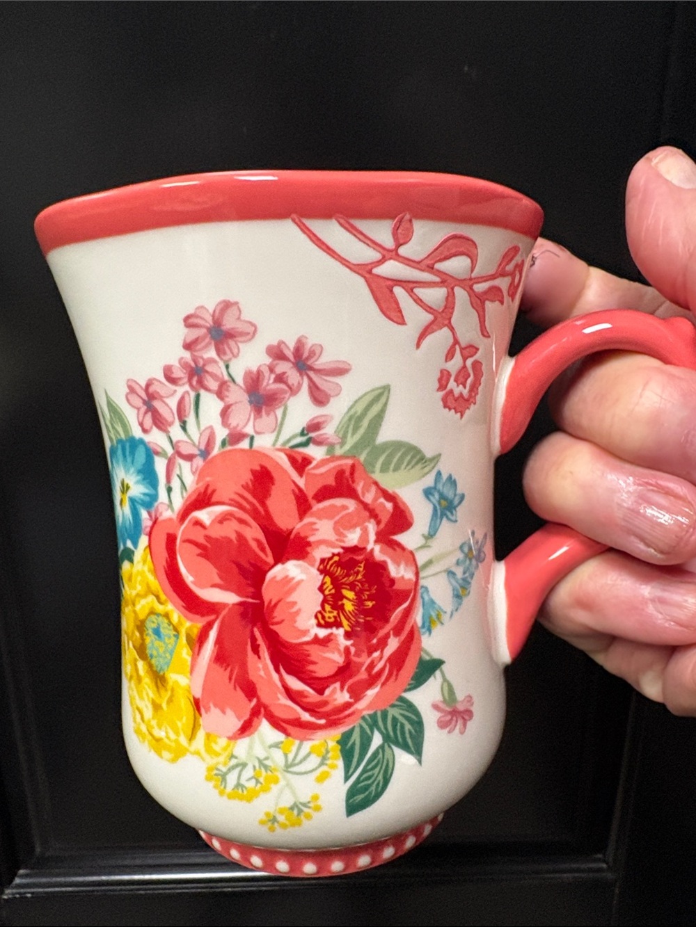 Pioneer Woman Floral Ceramic Mug with Coral Trim